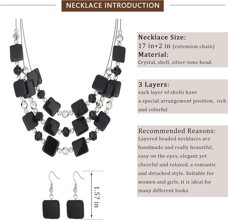 Errally Store Layered Beaded Statement Necklaces for Women Square Shell Bead Collar Necklace and Earring Set Birthday Gifts Boho Jewelry Sets for Women - Image 5